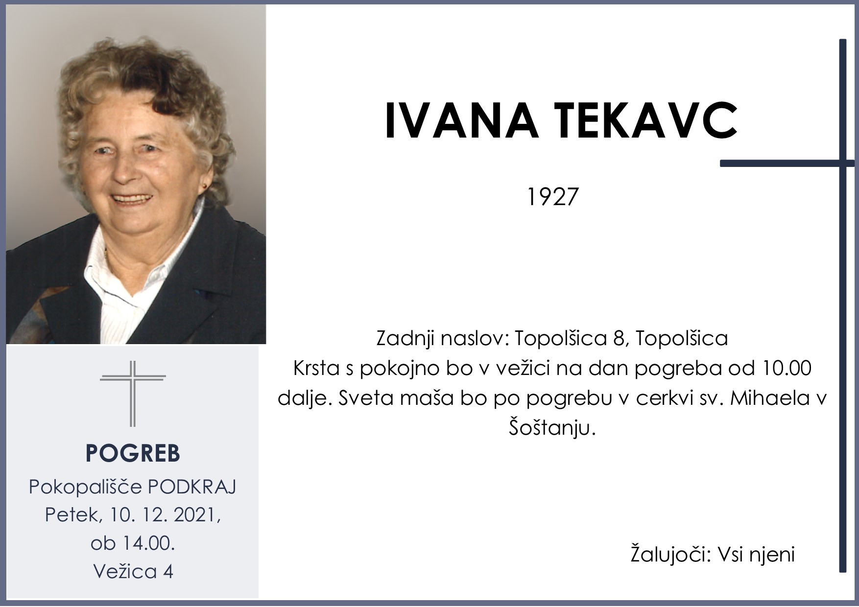 OsmrtnicaTekavcIvanka1927pogreb petek 10.12.2021 ob 14.00 Podkraj