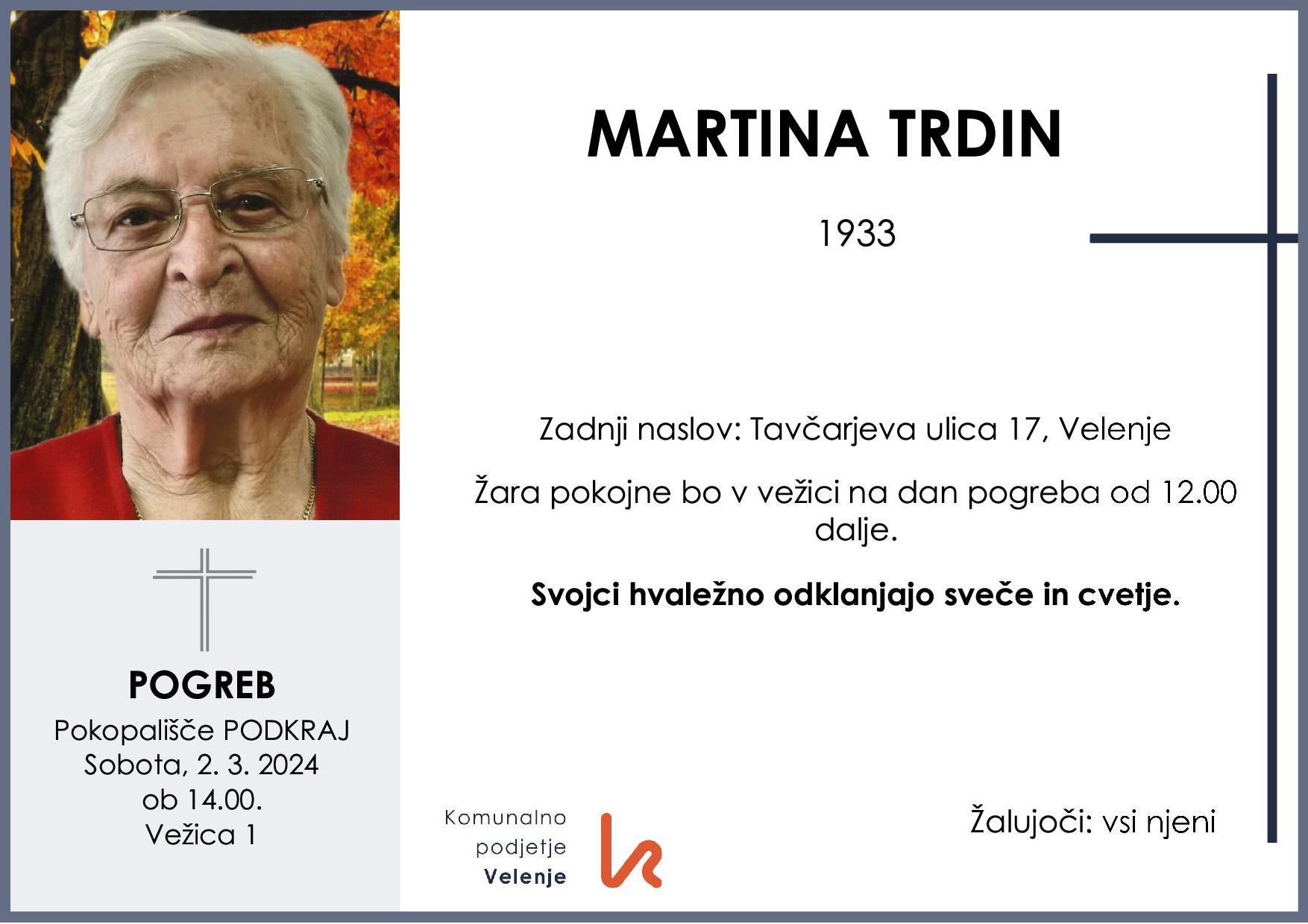 OsmrtnicaTrdinMartina1933 pogreb sobota 3.2.2024 ob 14.00 Podkraj