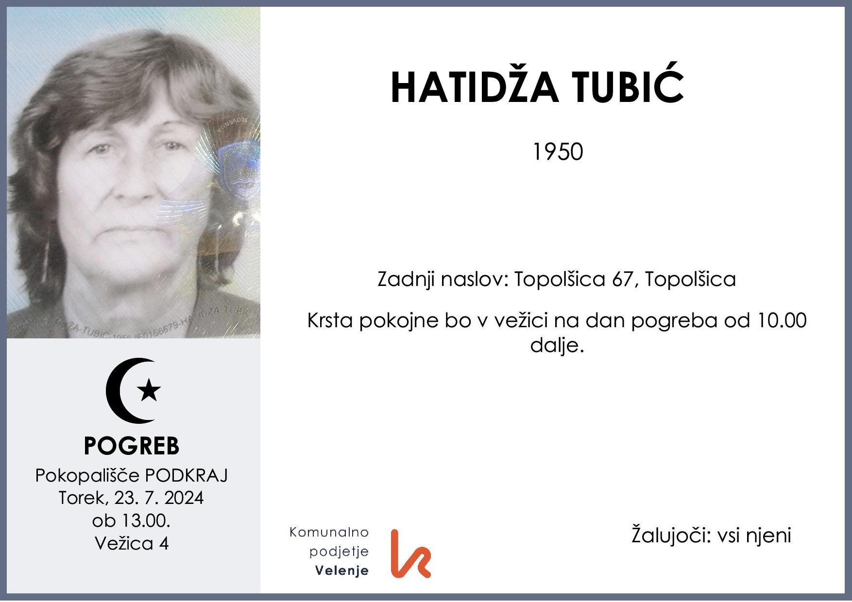 OsmrtnicaTubićHatidža1950pogreb torek 23.7.2024 ob 13.00 Podkraj