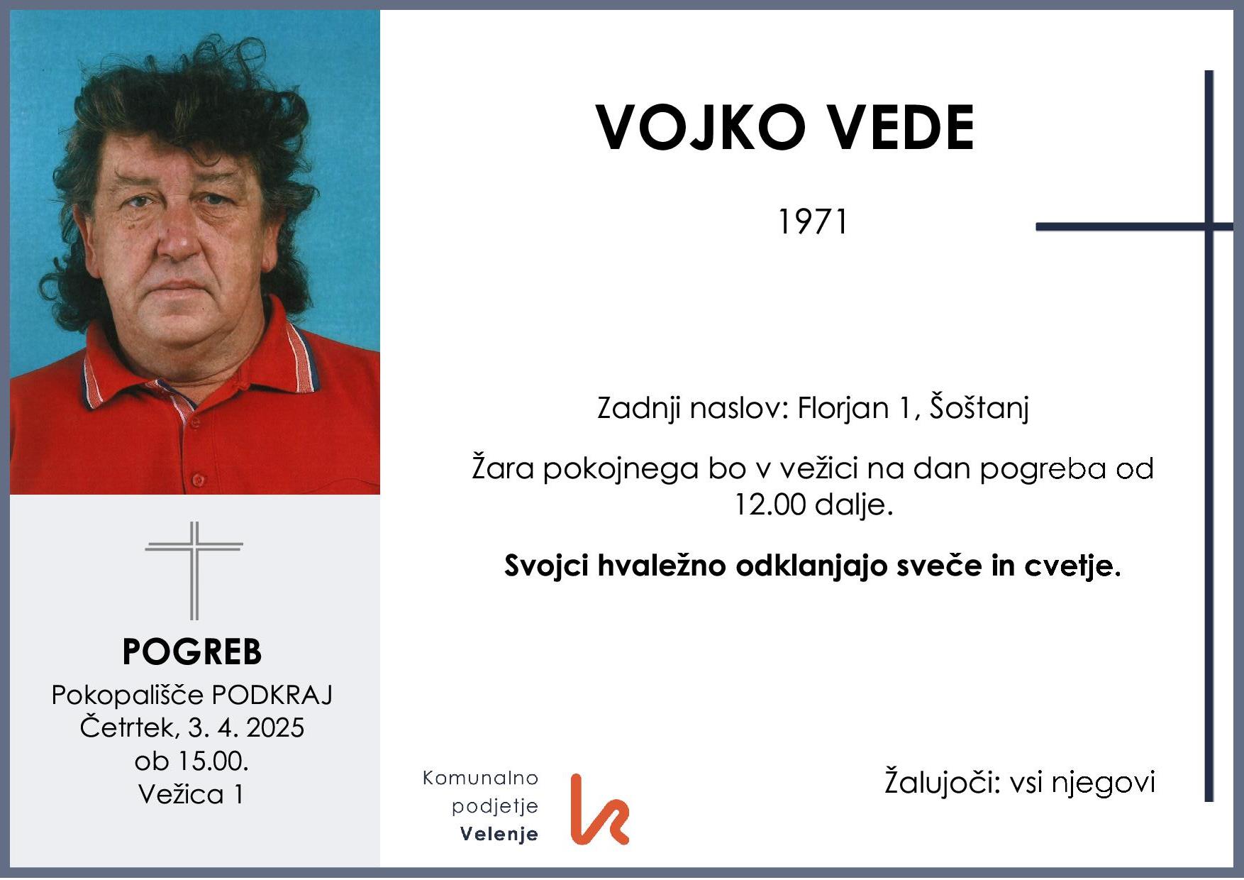 OsmrtnicaVedeVojko1971pogreb četrtek 4.3.2025 ob 15.00 Podkraj