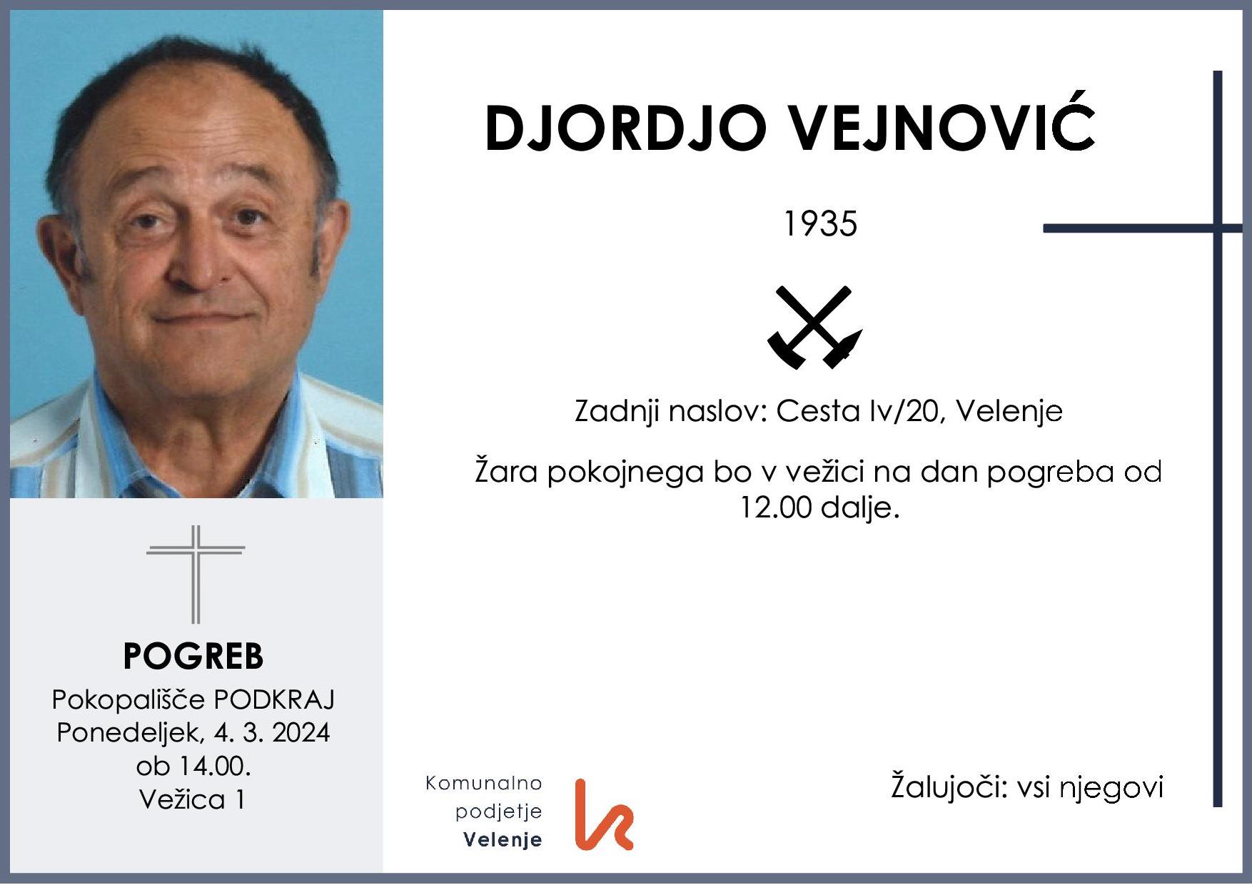 OsmrtnicaVejnovićDjordjo1935 pogreb ponedeljek 4.3.2024 ob 14.00 Podkraj