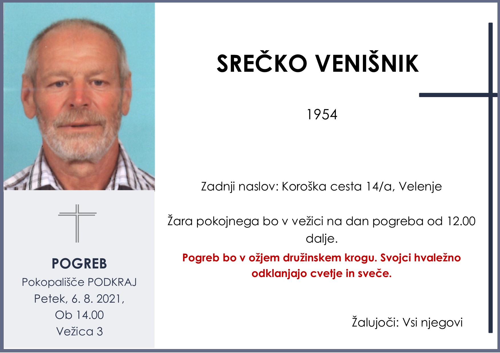 VenišnikSrečkopogreb petek 6.8.2021 ob 14.00 Podkraj