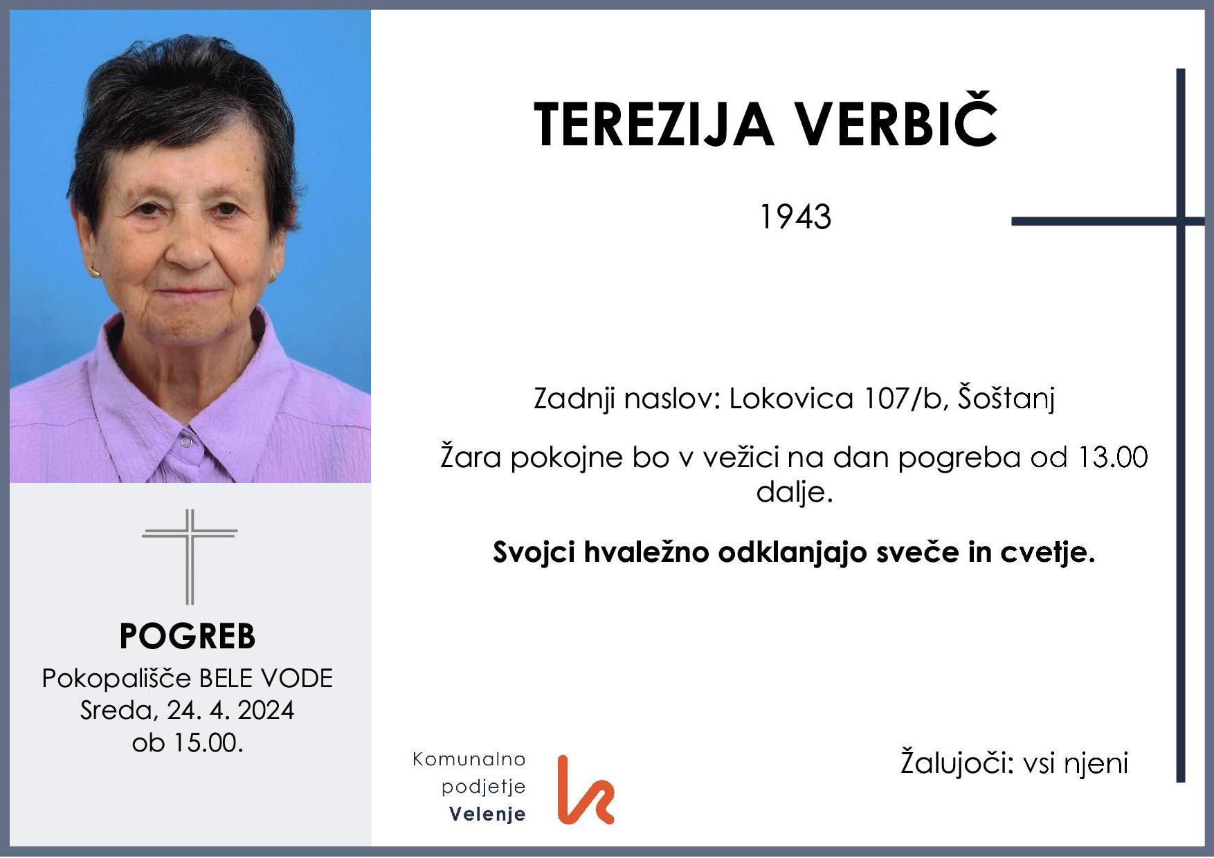 OsmrtnicaVerbičTerezija1943 pogreb sreda 24.4.2024 ob 15.00 Bele Vode