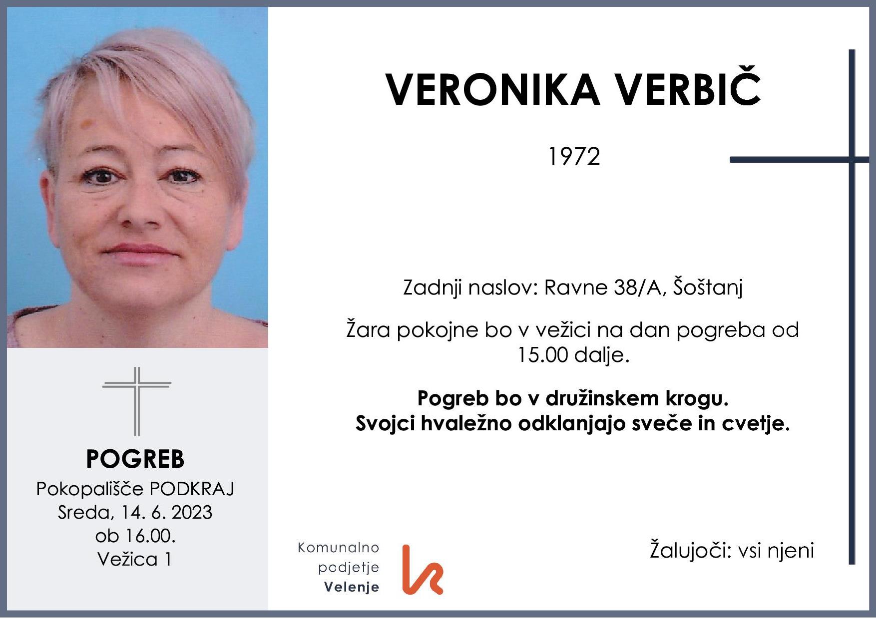 OsmrtnicaVerbičVeronika1972 pogreb sreda 14.6.2023 ob 16.00 Podkraj