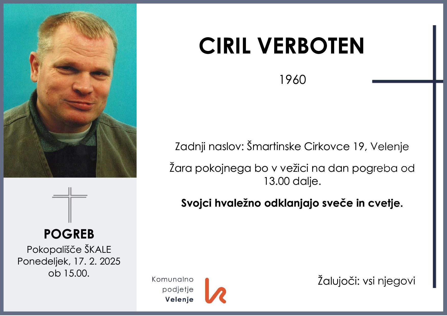 OsmrtnicaVerbotenCiril1960pogreb ponedeljek 17.2.2025 ob 15.00 Škale