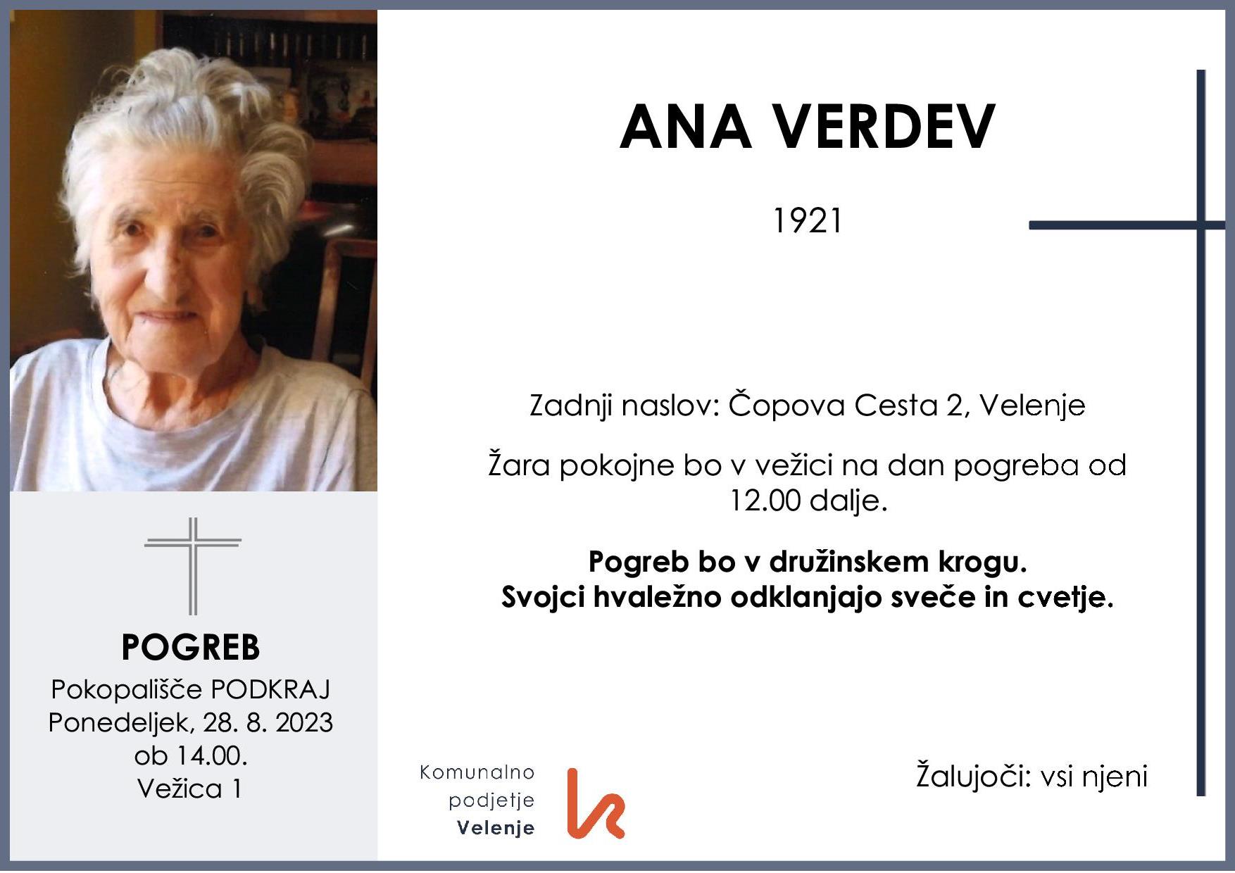 OsmrtnicaVerdevAna1921, pogreb ponedeljek 28.8.2023 ob 14.00 Podkraj