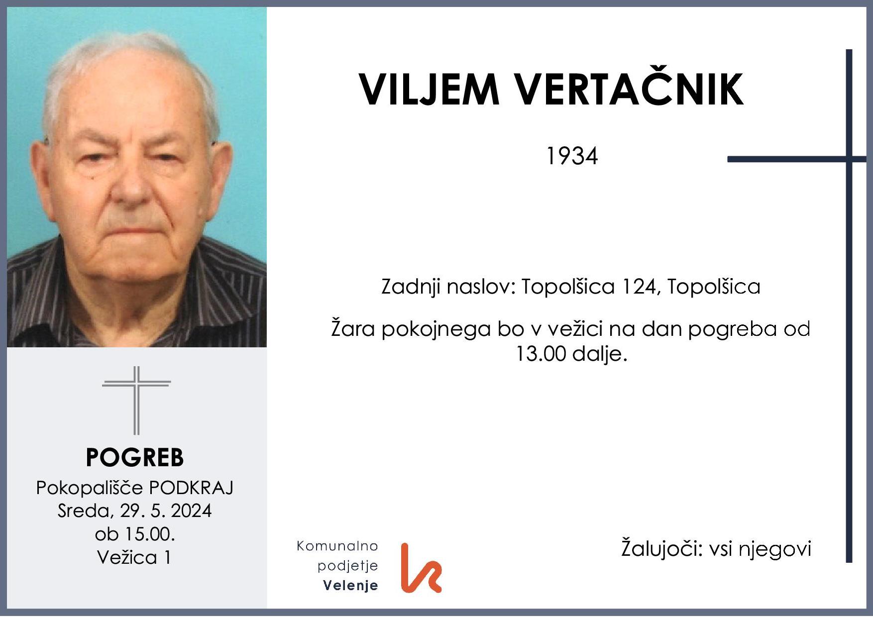 OsmrtnicaVertačnikViljem1934 pogreb sreda 29.5.2024 ob 15.00 Podkraj