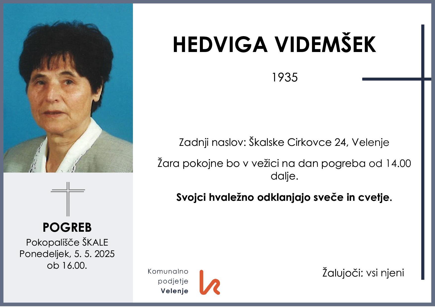 OsmrtnicaVidemšekHedviga1935pogreb ponedeljek 5.5.2025 ob 16.00 Škale