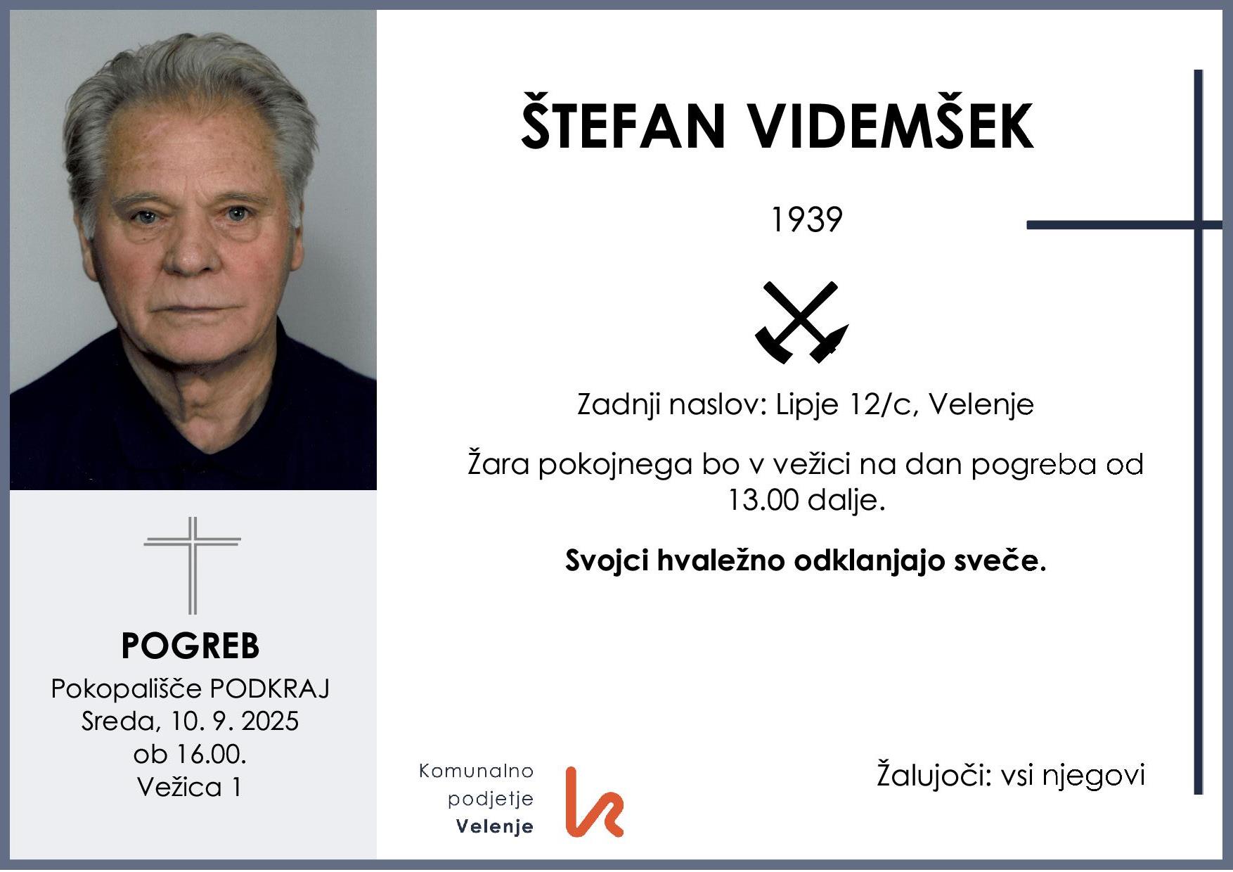 OsmrtnicaVidemšekŠtefan1939pogreb sreda 10.9.2025 ob 16.00 Podkraj
