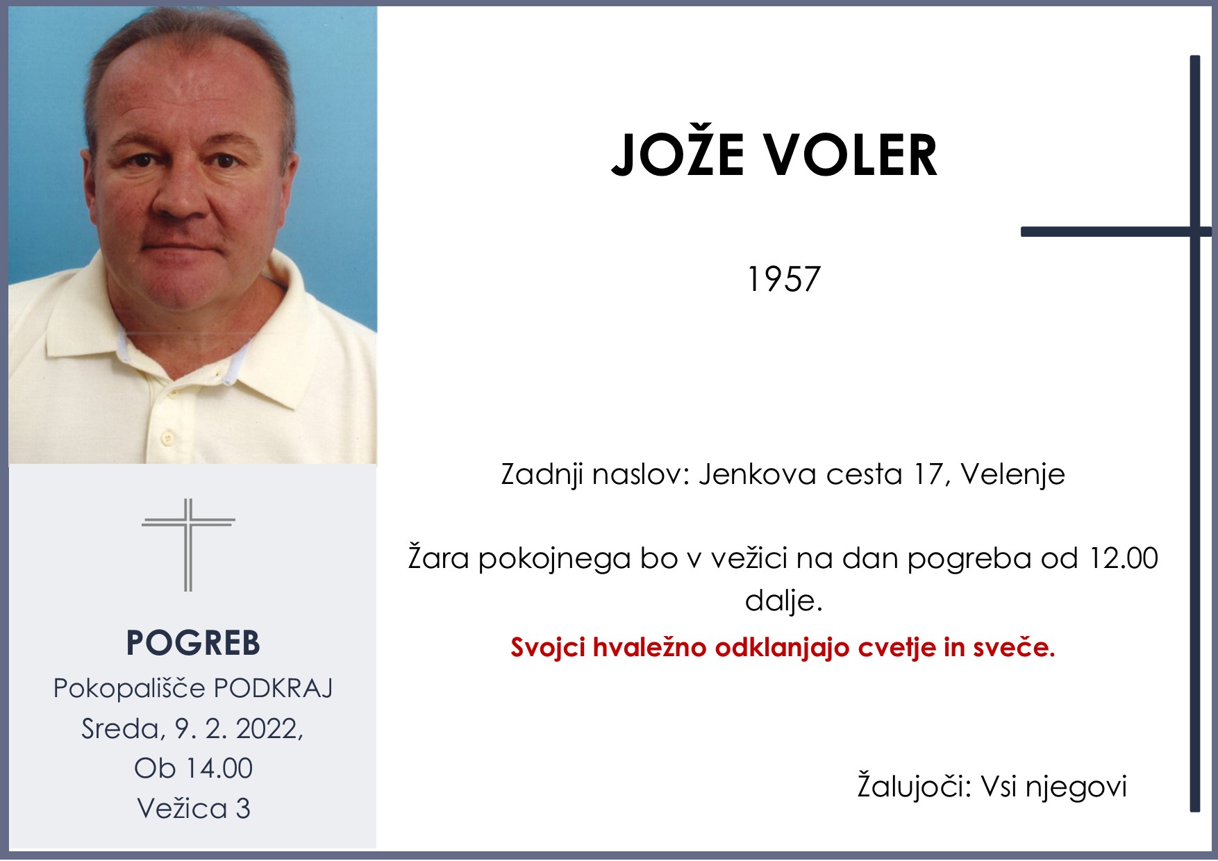 OsmrtnicaVolerJoze1957pogreb sreda 9.2.2022 ob 14.00 Podkraj