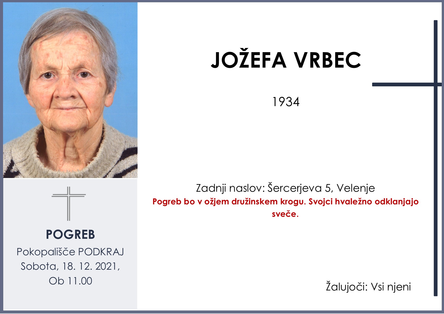 OsmrtnicaVrbecJožefa1934pogreb sobota 18.12.2021 ob 11.00 Podkraj