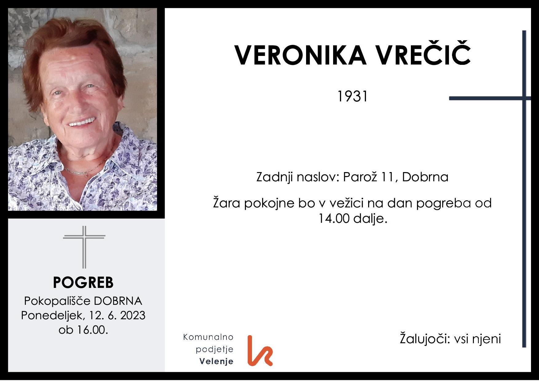 OsmrtnicaVrečičVeronika1931 pogreb ponedeljek 12.6.2023 ob 16.00 Dobrna