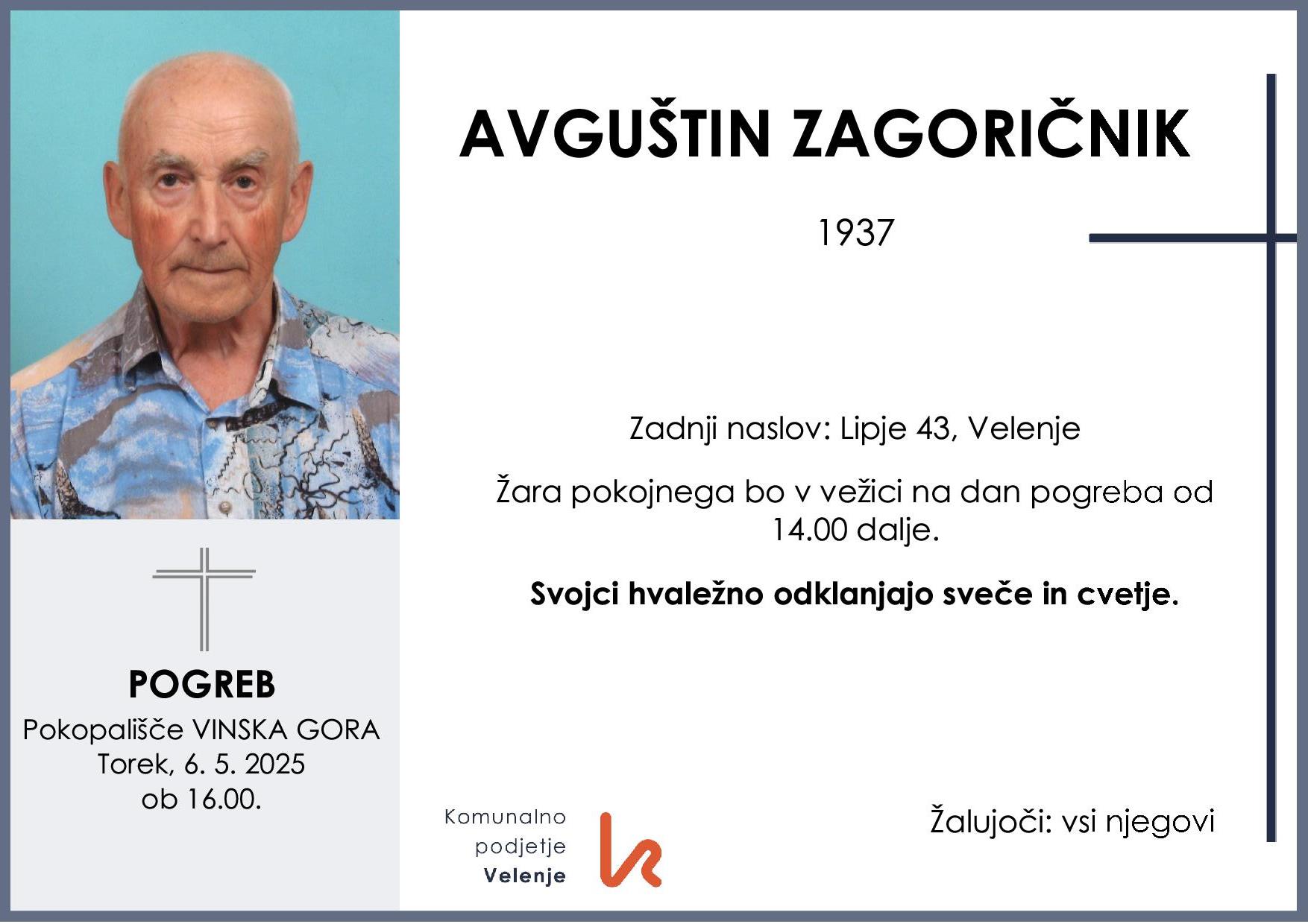 OsmrtnicaZagoričnikAvguštin1937pogreb torek 6.5.2025 ob 16.00 Vinska Gora