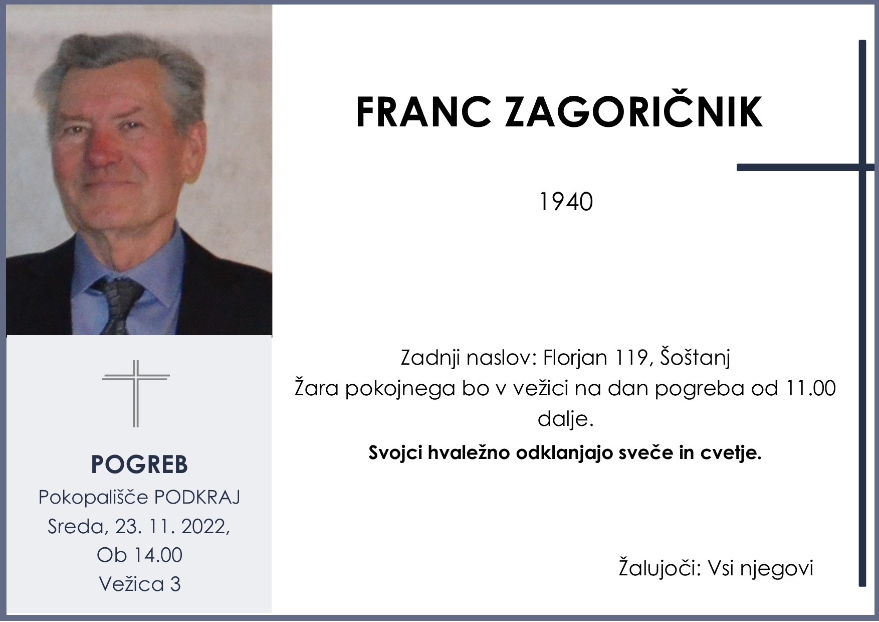 OsmrtnicaZagoričnikFranc1940 pogreb sreda 23.11.2022 ob 14.00 Podkraj
