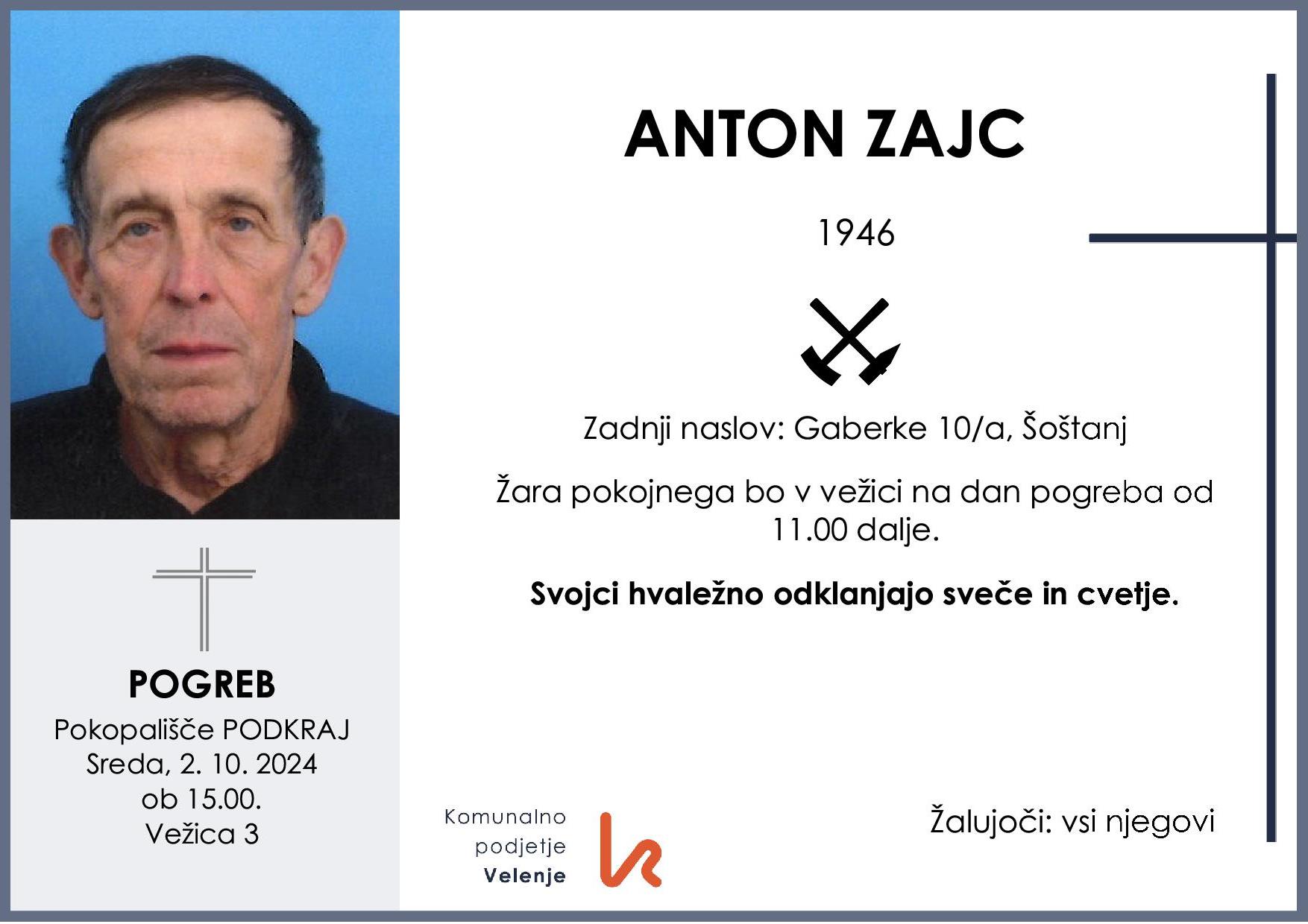OsmrtnicaZajcAnton1946pogreb sreda 2.10.2024 ob 15.00 Podkraj