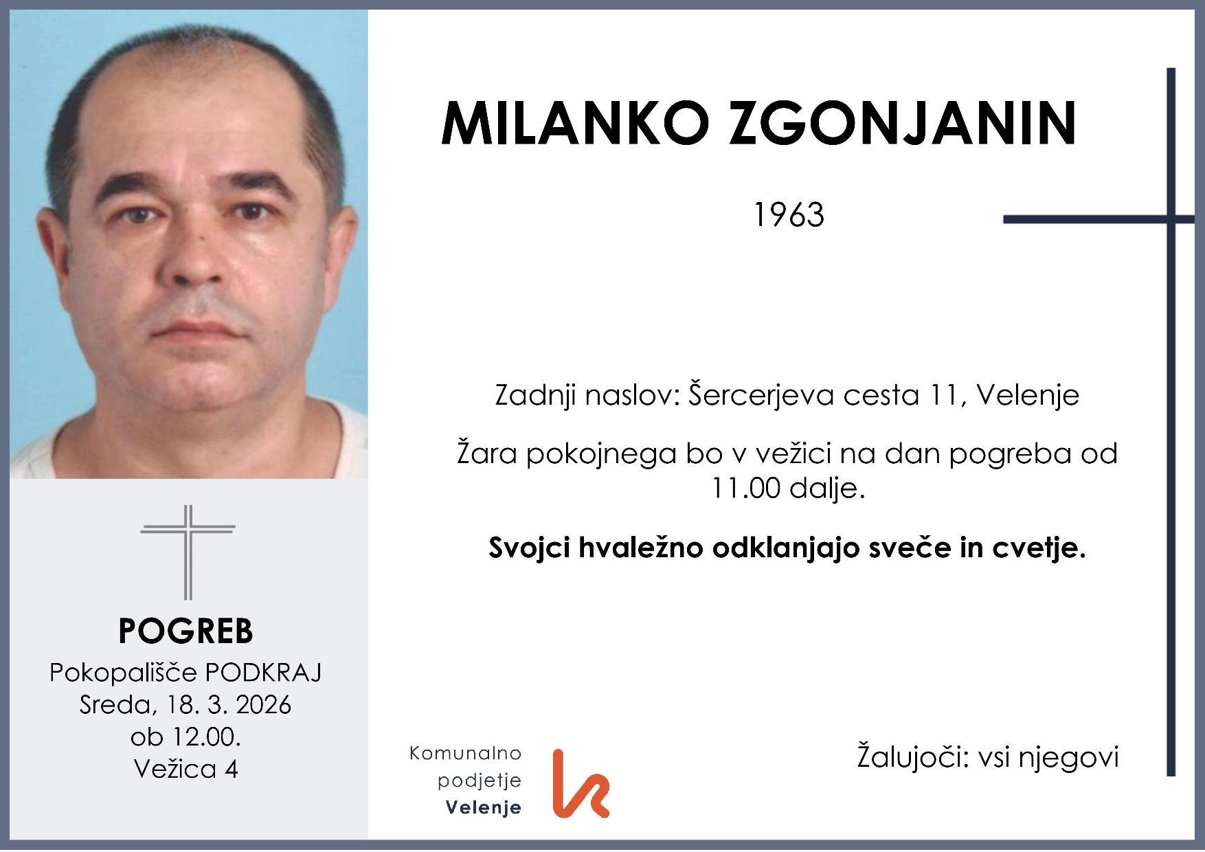 OsmrtnicaZgonjaninMilanko1963 pogreb sreda 18.3.2026 ob 12.00 Podkraj