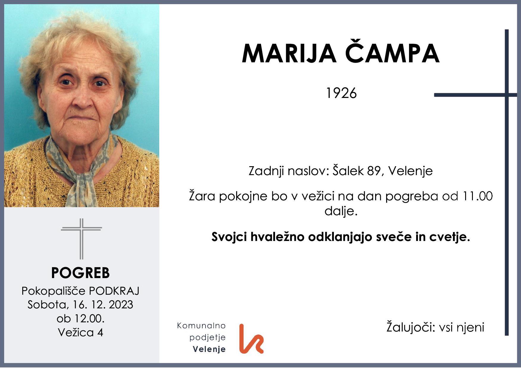 OsmrtnicaČampaMarija1926 pogreb sobota 16.12.2023 ob 12.00 Podkraj