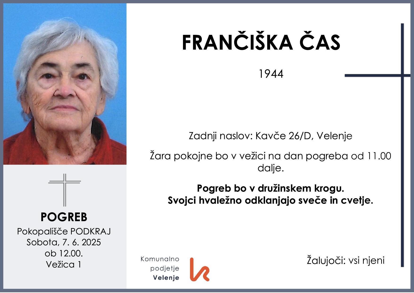 OsmrtnicaČasFrančiška1944pogreb sobota 7.6.2025 ob 12.00 Podkraj
