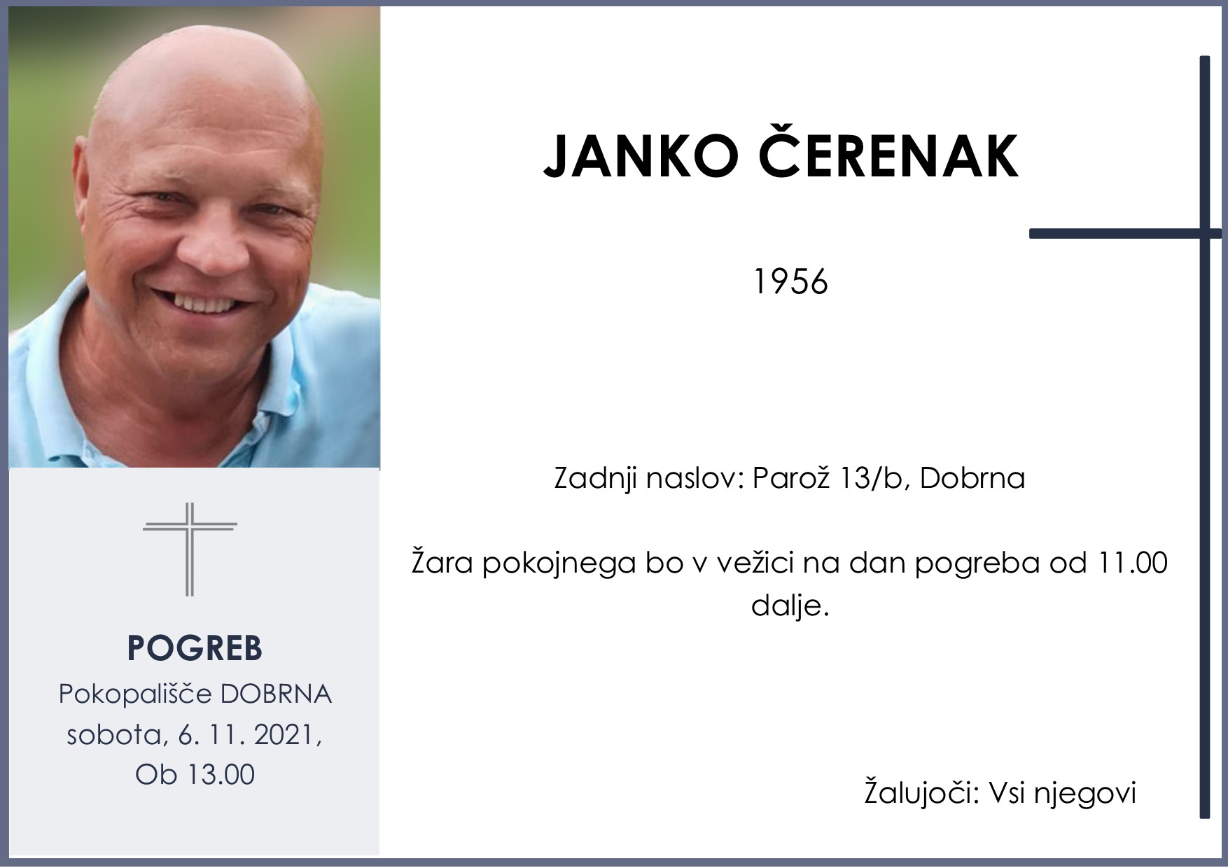 OsmrtnicaČerenakJanko1956pogreb sobota 6.11.2021 ob 13.00 Dobrna
