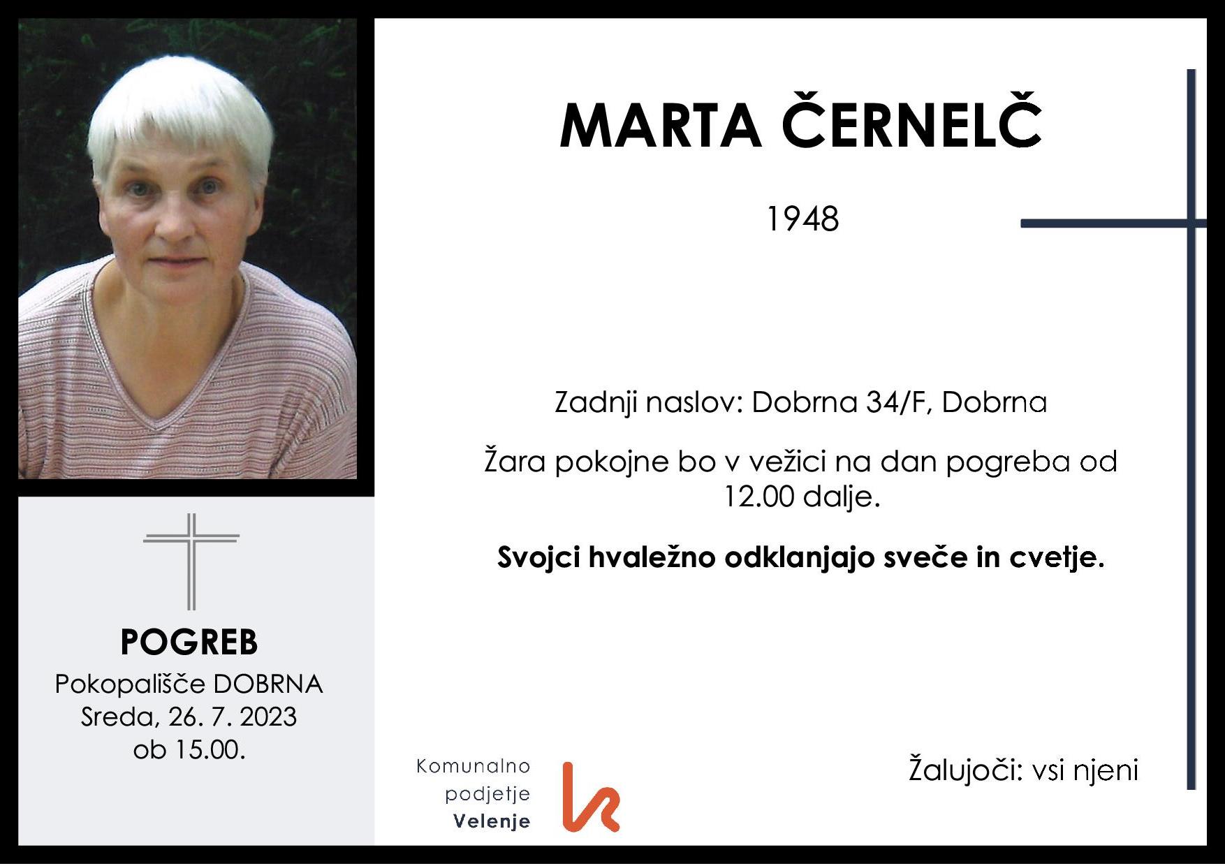 OsmrtnicaČernelčMarta1948pogreb sreda 26.7.2023 ob 15.00 Dobrna