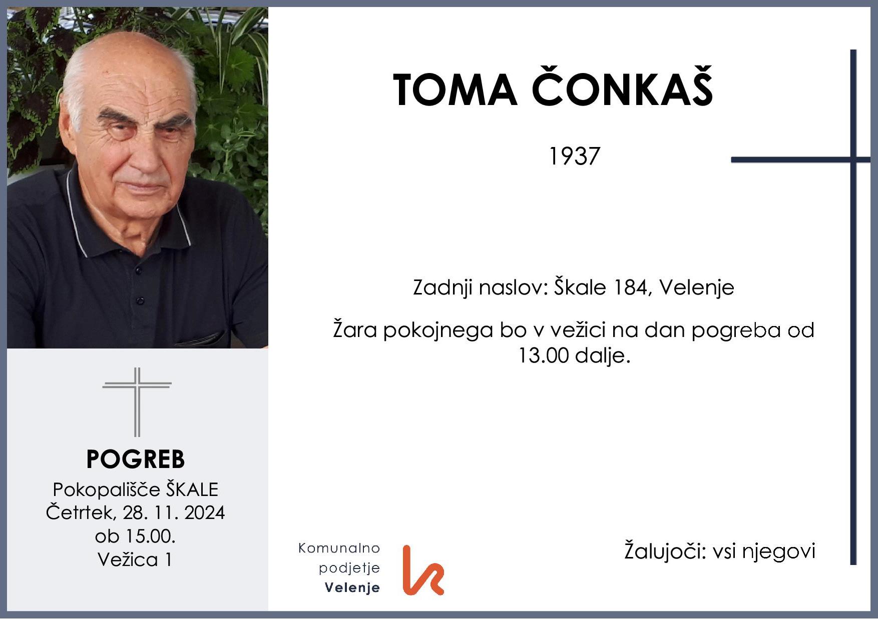 OsmrtnicaČonkašToma1937 pogreb četrtek 28.11.2024 ob 15.00 Škale