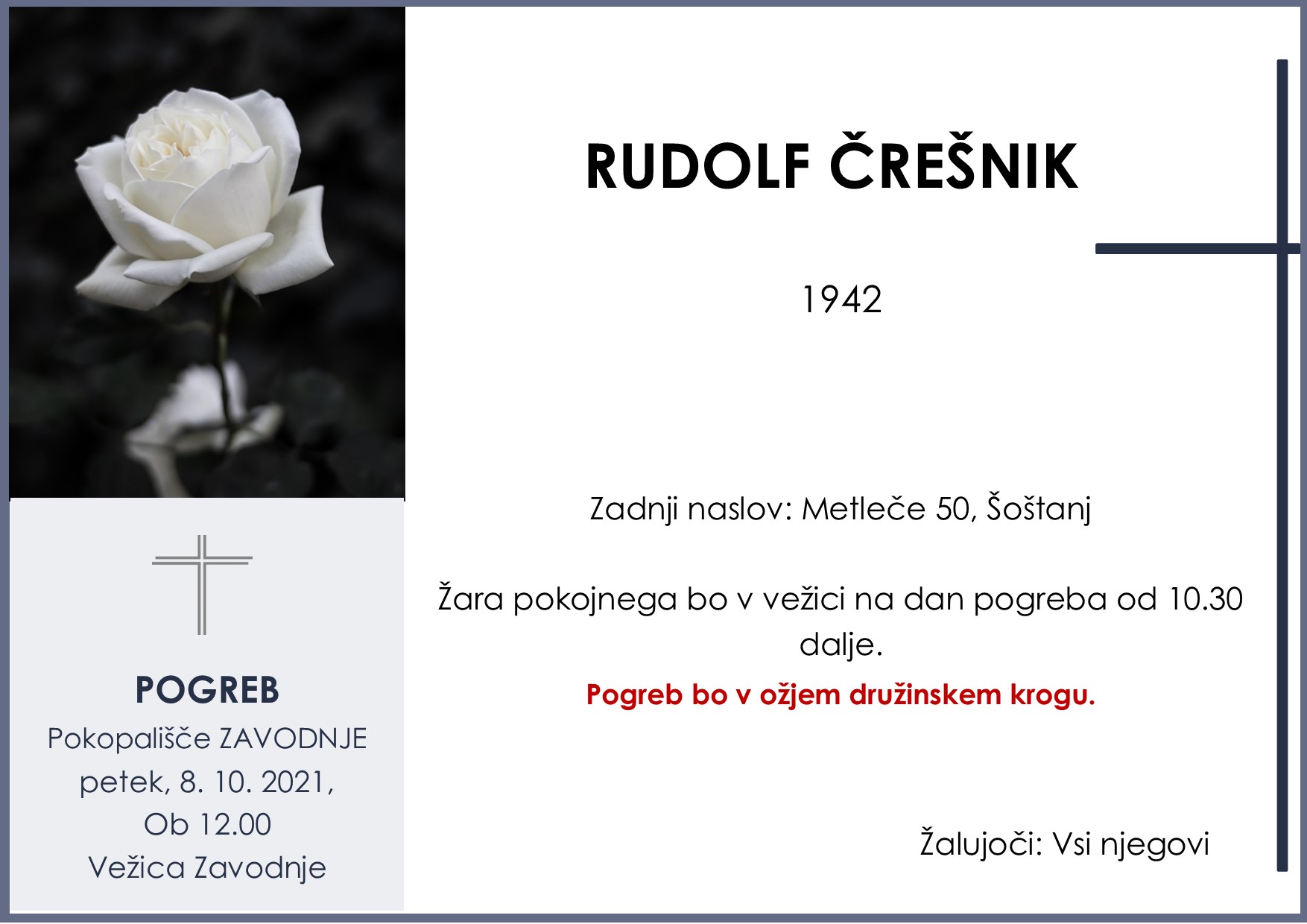 OsmrtnicaČrešnikRudolf1942pogreb petek 8.10.2021 ob 12.00 pokopališče Zavodnje