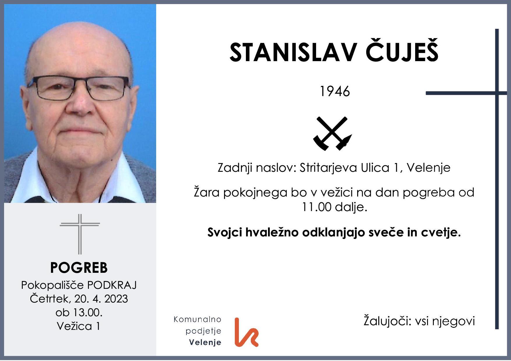 OsmrtnicaČuješStanislav1946pogreb četrtek 20.4.2023 ob 13.00 Podkraj