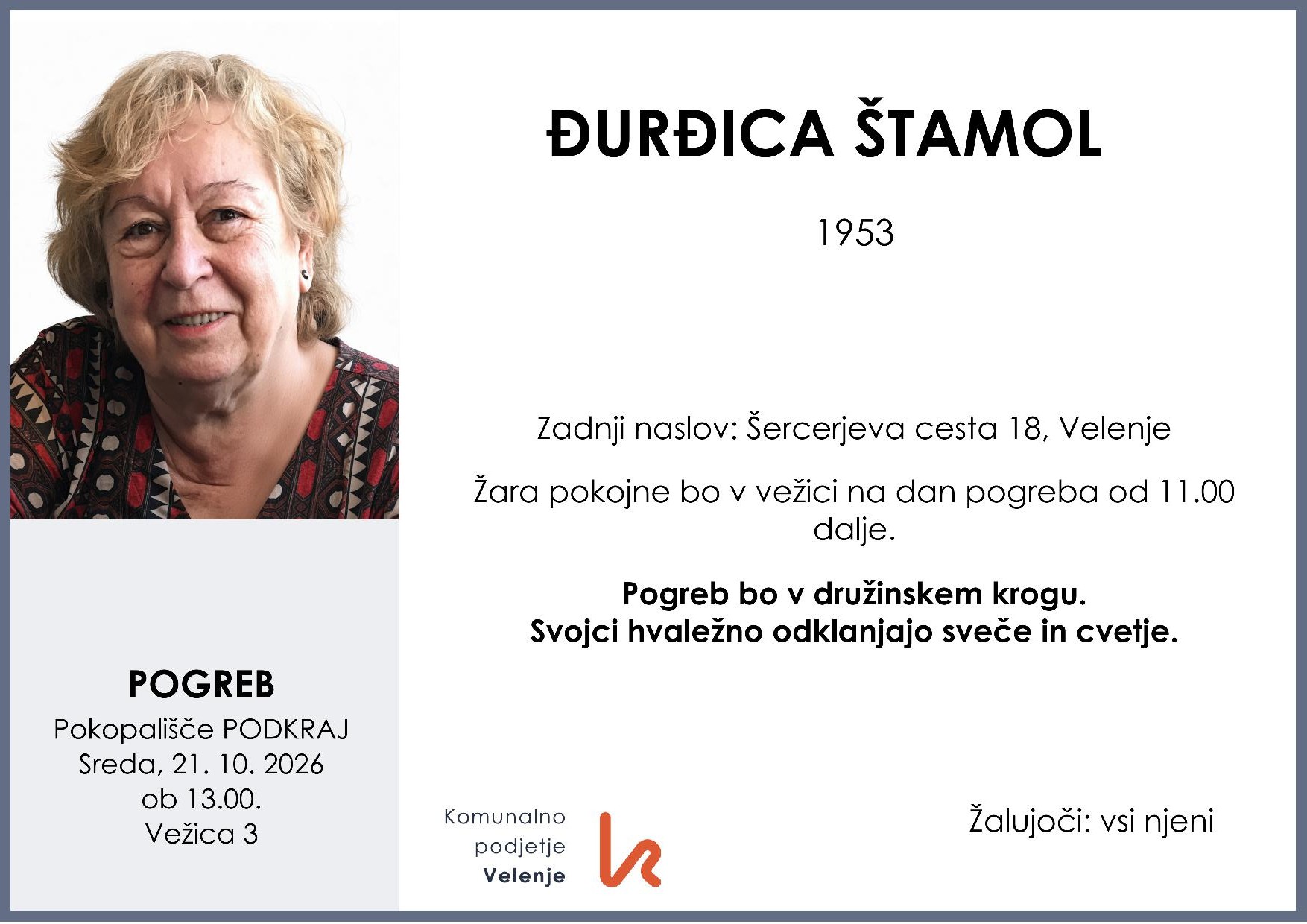 OsmrtnicaŠtamolĐurĐica1953 pogreb sreda 21.10.2026 ob 13.00 Podkraj