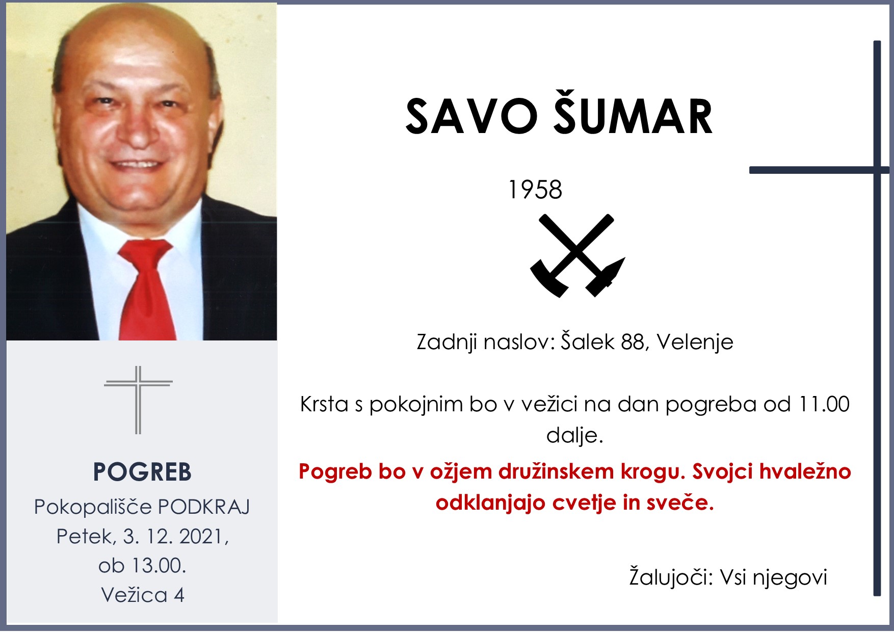 OsmrtnicaŠumarSavo1958pogreb petek 3.12.2021 ob 13.00 Podkraj