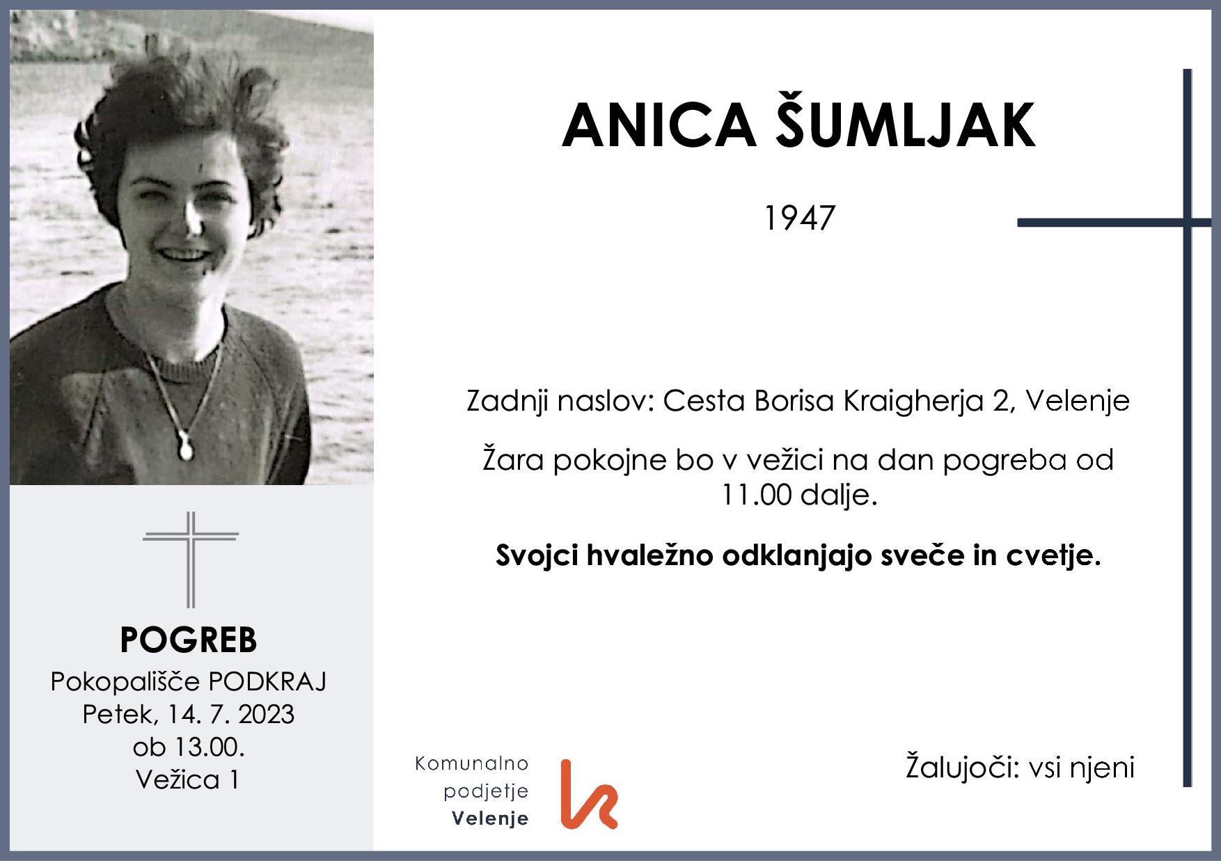 OsmrtnicaŠumljakAnica1947 pogreb petek 14.7.2023 ob 13.00 Podkraj