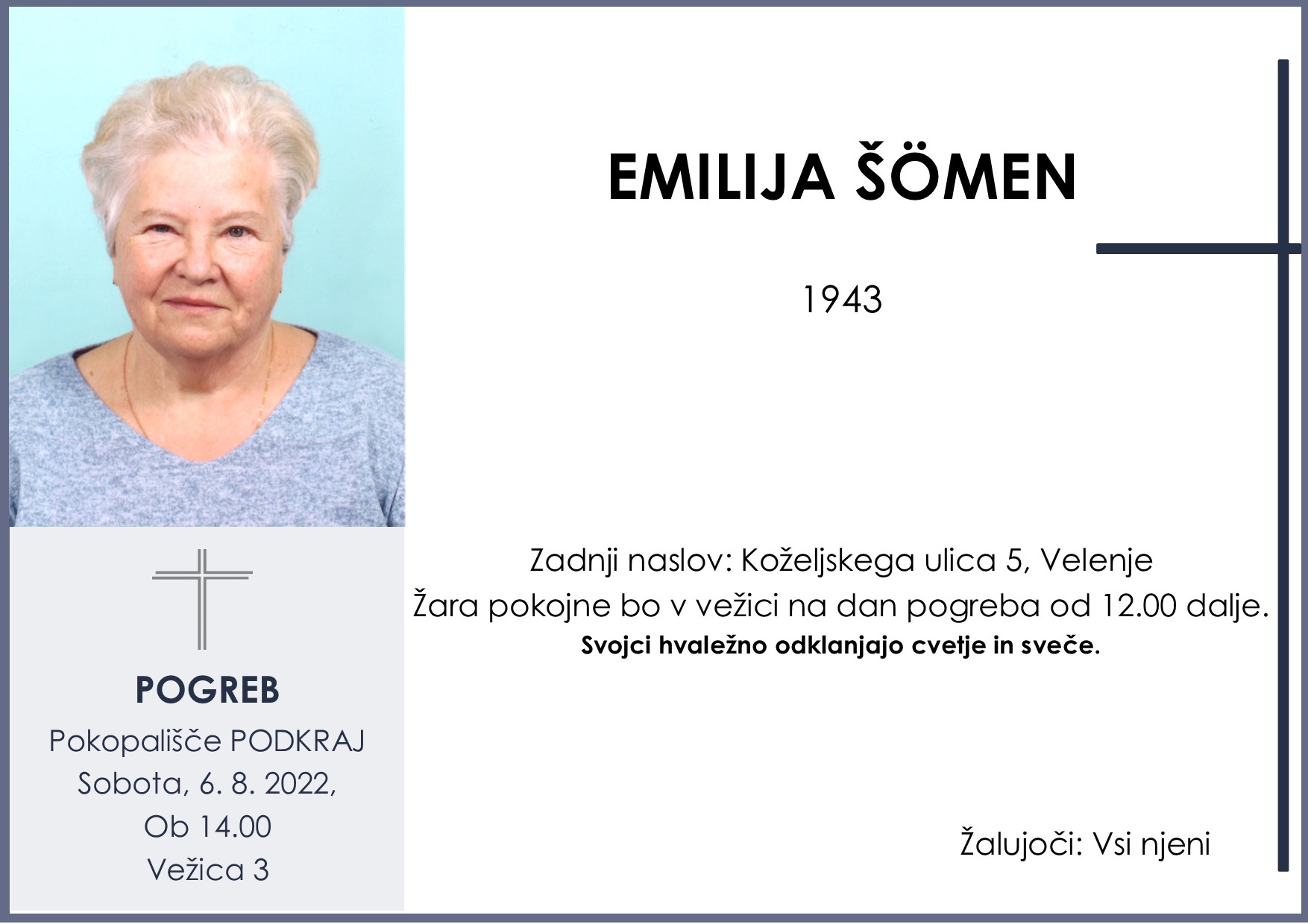 OsmrtnicaŠömenEmilija1943pogreb sobota 6.8.2022 ob 14.00 Podkraj