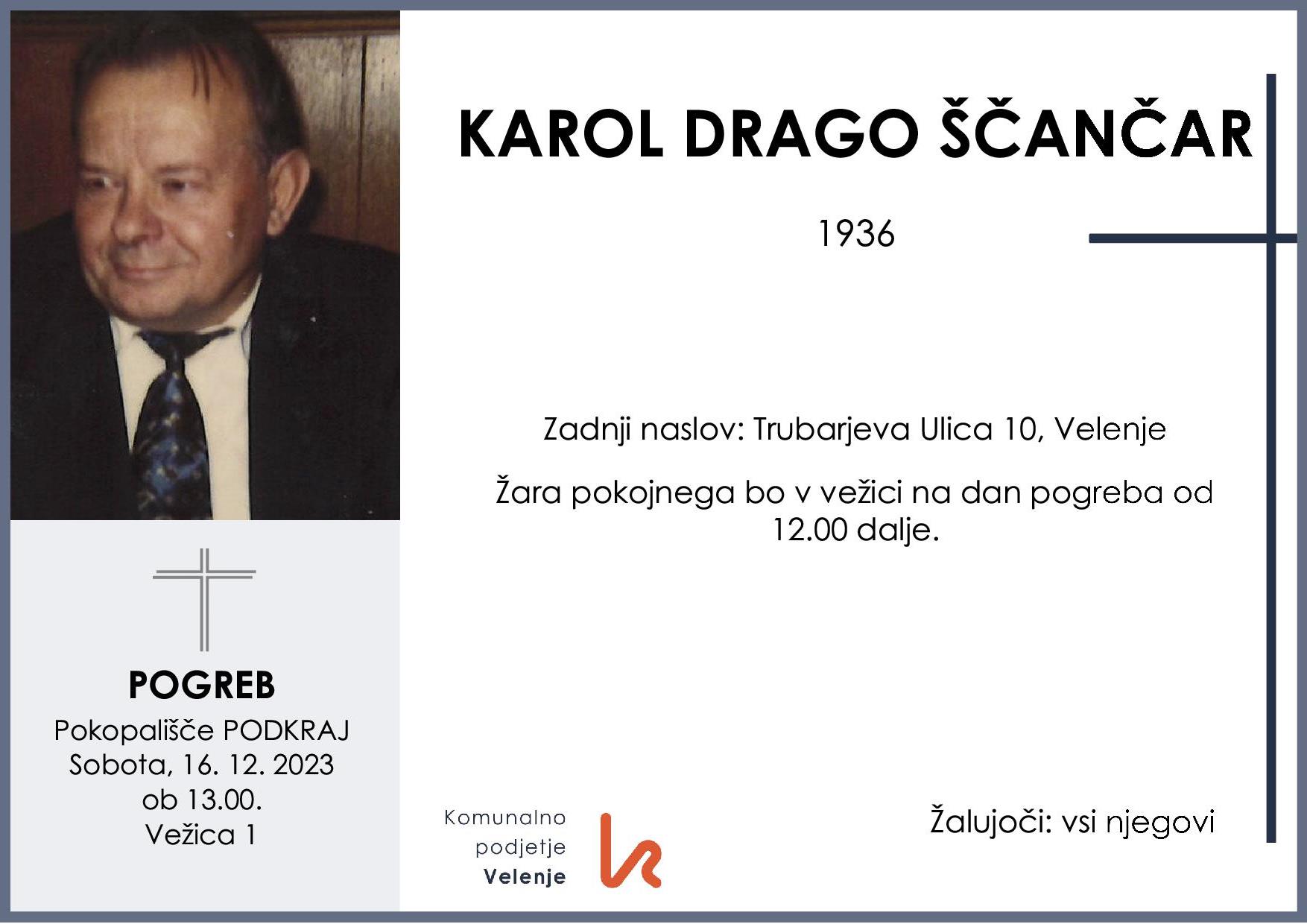 OsmrtnicaŠčančarKarol1936pogreb sobota 16.12.2023 ob 13.00 Podkraj