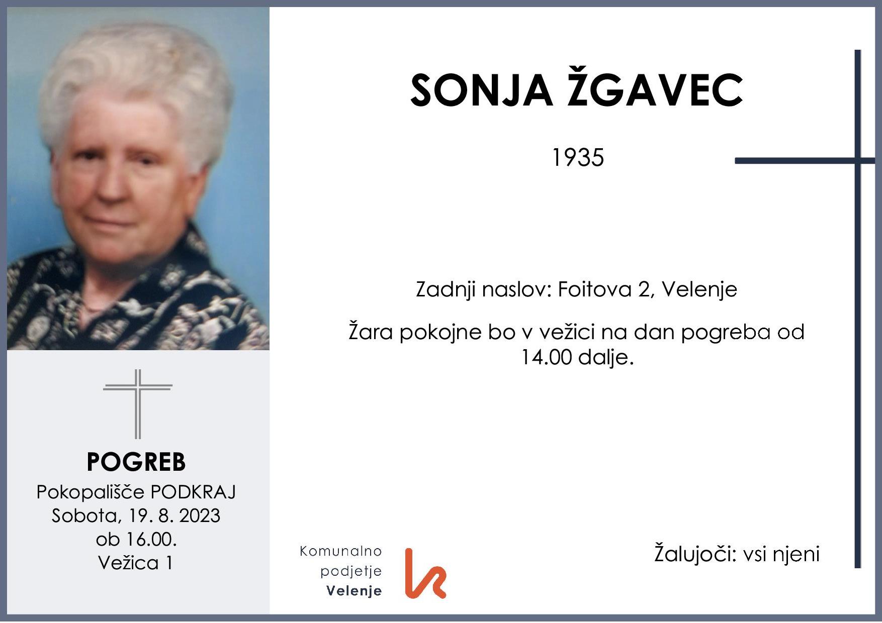 OsmrtnicaŽgavecZofija19351 pogreb sobota 19.8.2023 ob 16.00 Podkraj