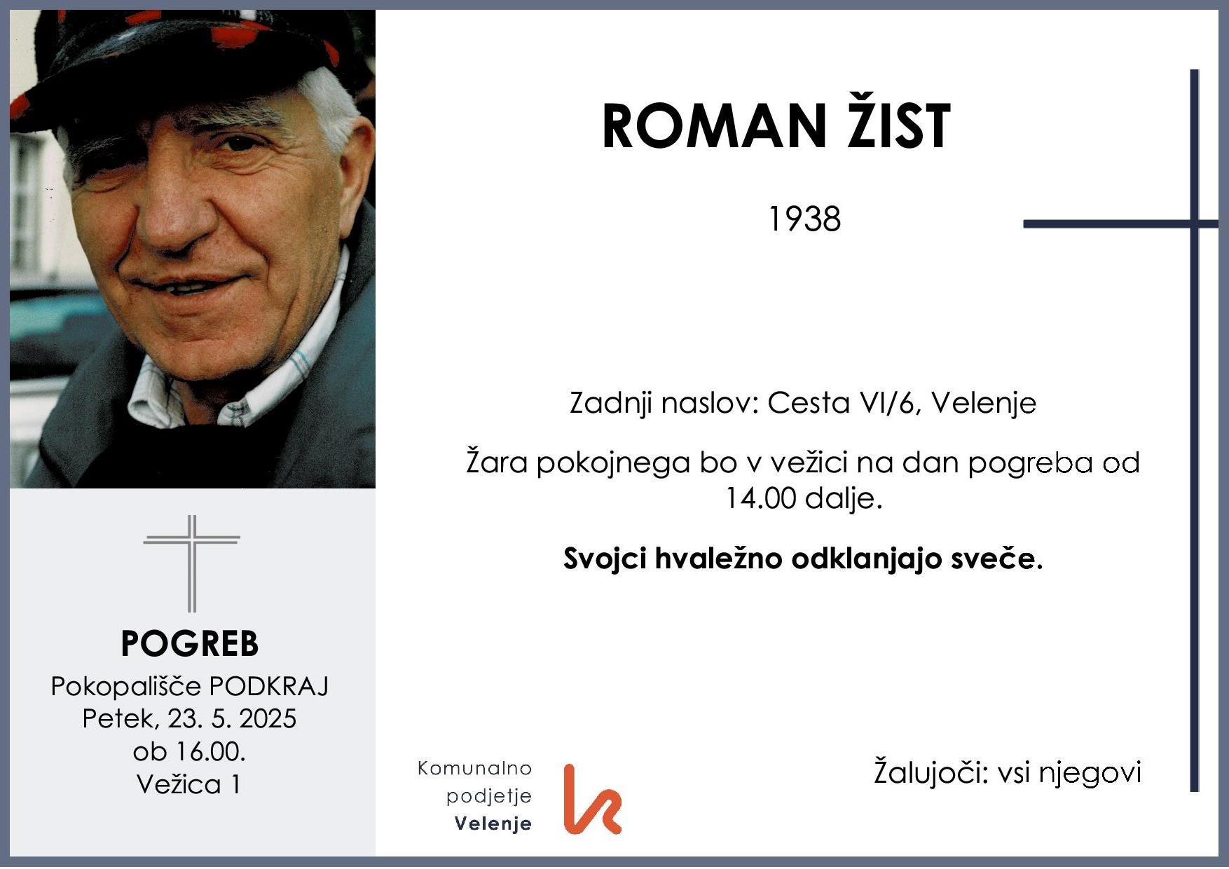 OsmrtnicaŽistRoman1938pogreb petek, 23.5.2025 ob 16.00 Podkraj